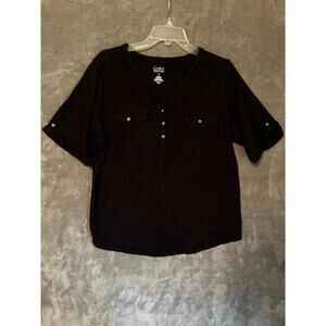 Croft & Barrow 1X Black Blouse Front Pockets Pullover Short Sleeves Cotton Blend